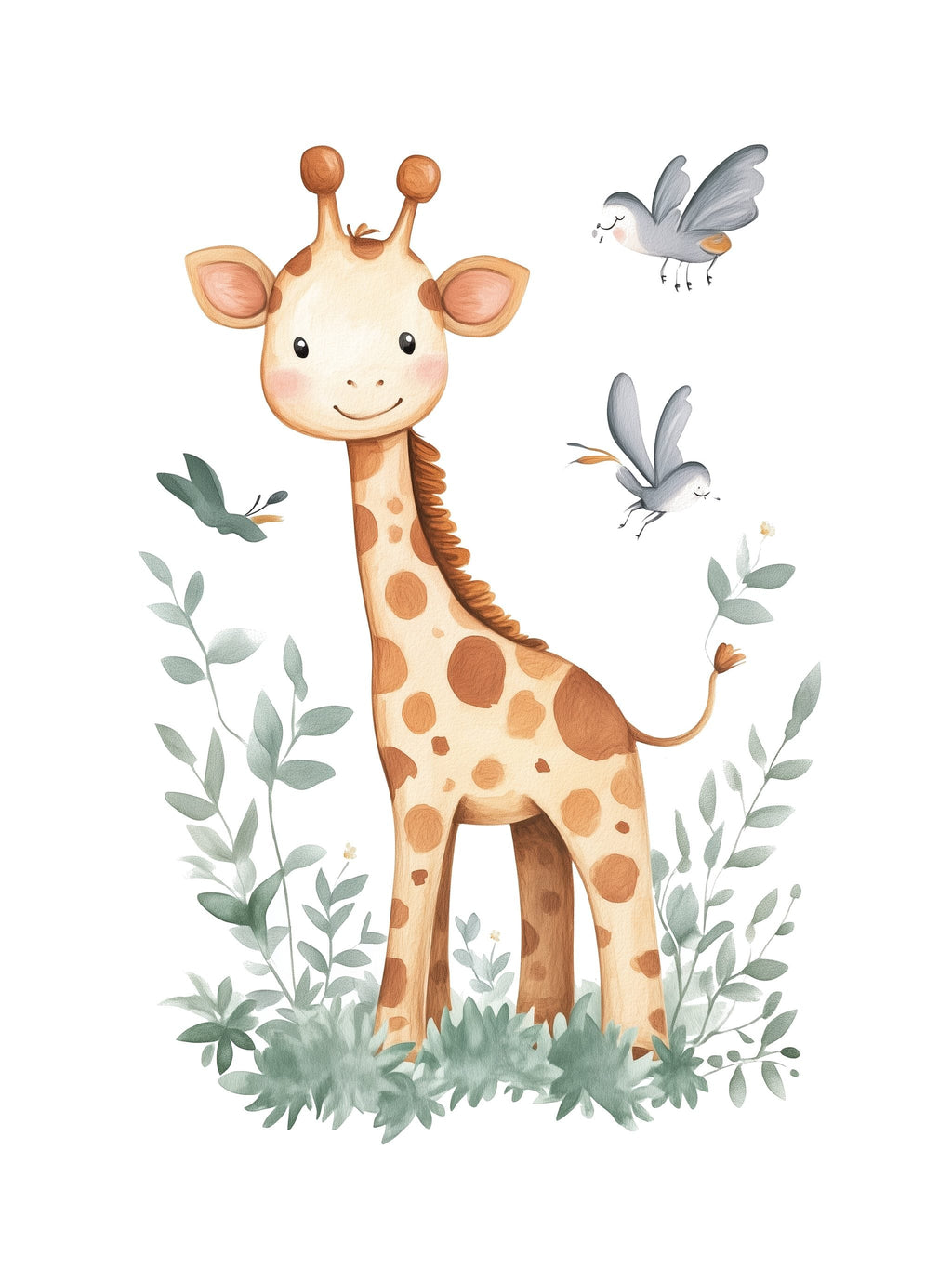 Giraffe and Birds Safari Poster