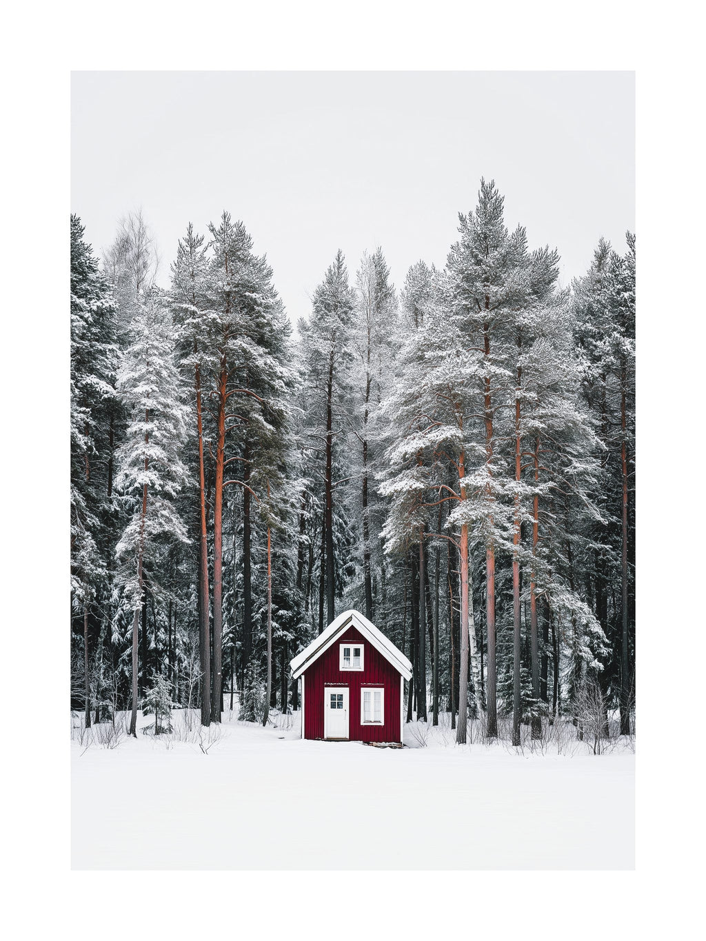 Red Cabin in Winter Forest Poster