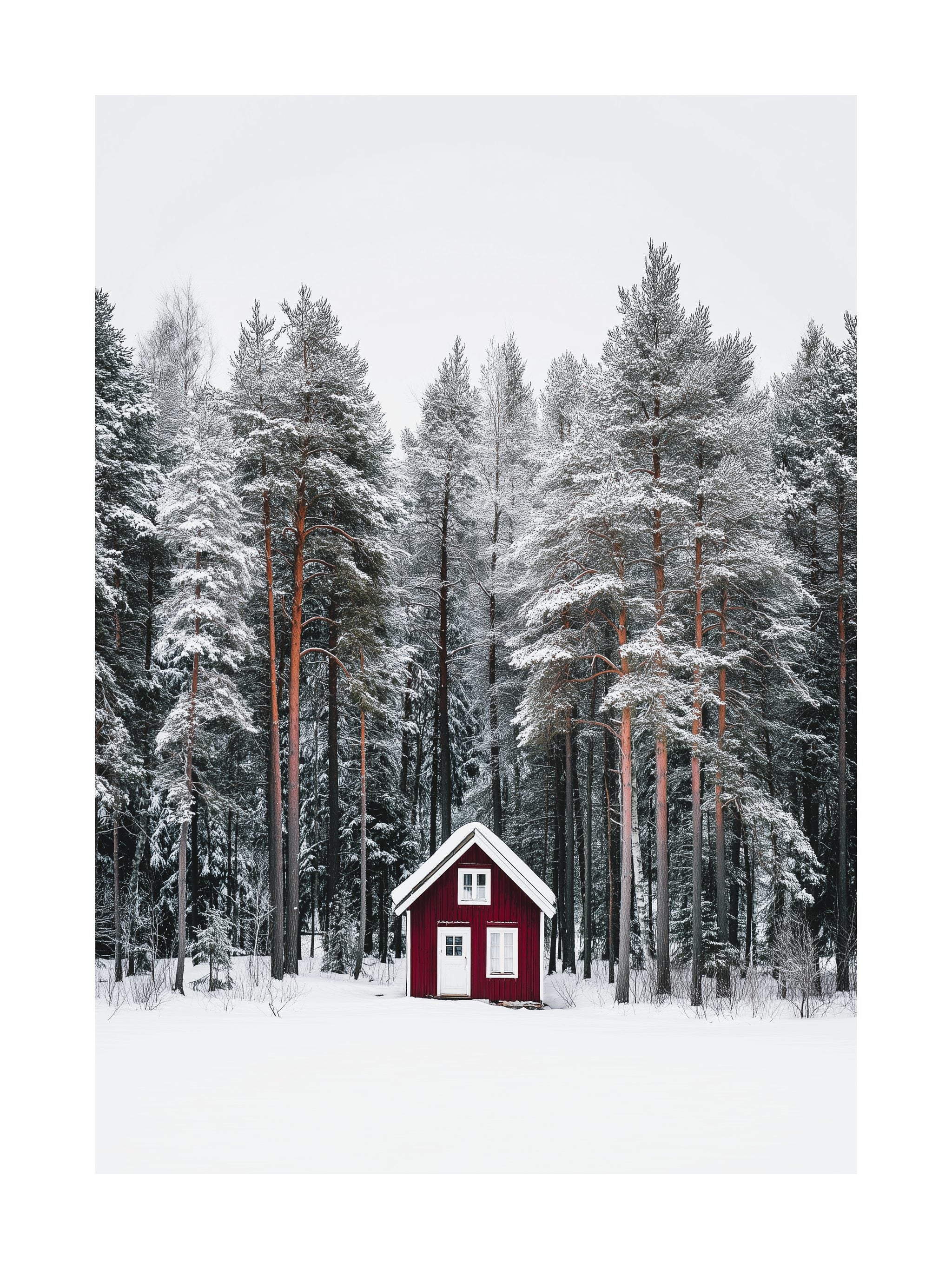 Red Cabin in Winter Forest Poster