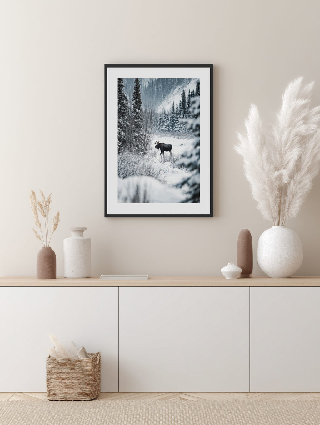 Nordic Moose in Winter Forest Poster